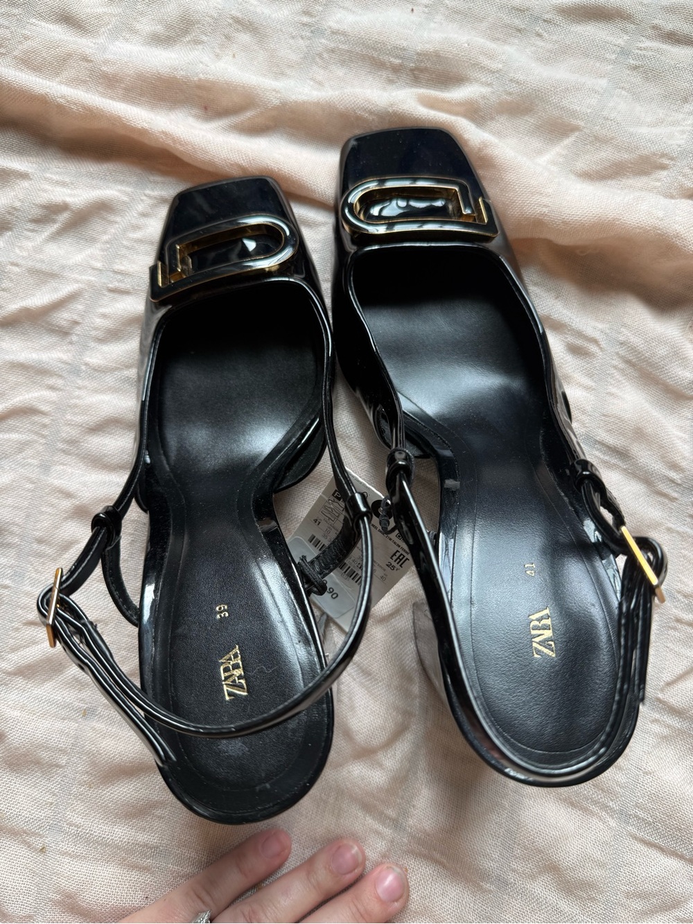 Zara Black Patent Slingback Heels with Gold Buckle Accent - Picture 3 of 5